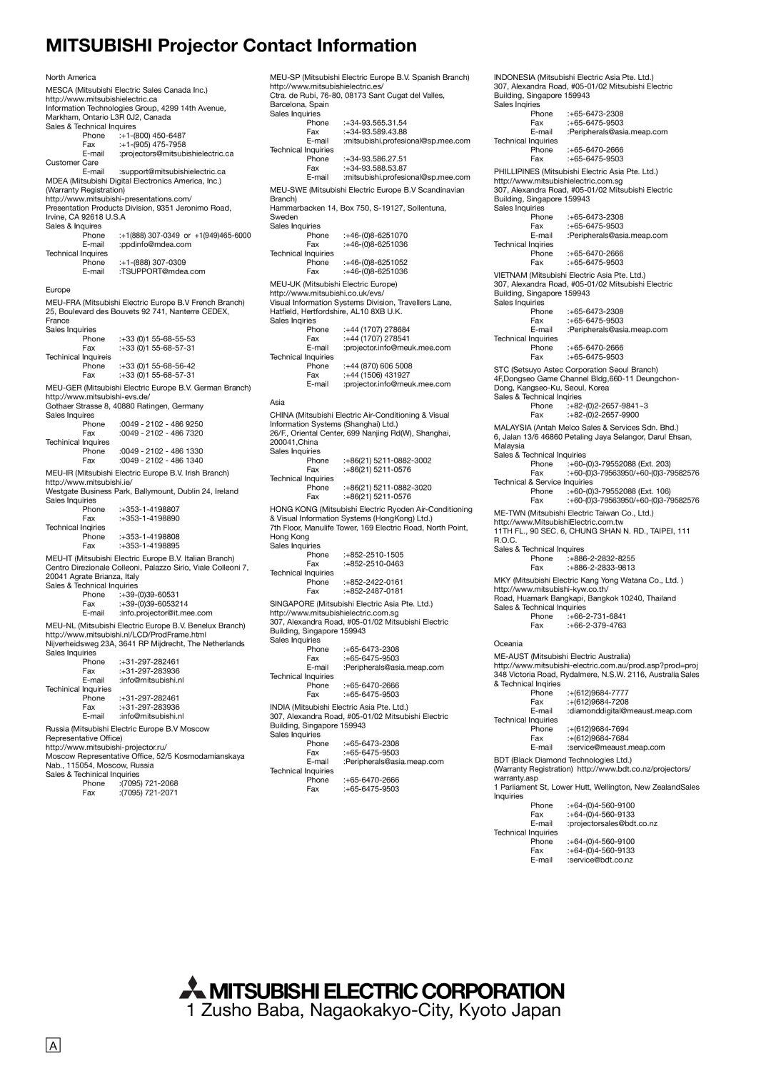 Mitsubishi Electronics HC4900 user manual Mitsubishi Projector Contact Information 