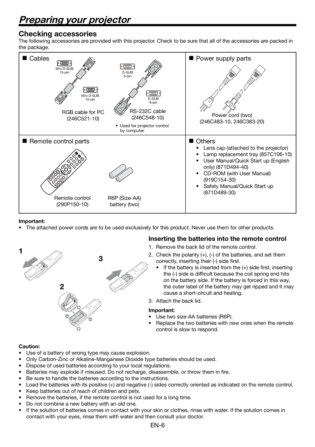 Mitsubishi Electronics HC4900 user manual Preparing your projector, Checking accessories 