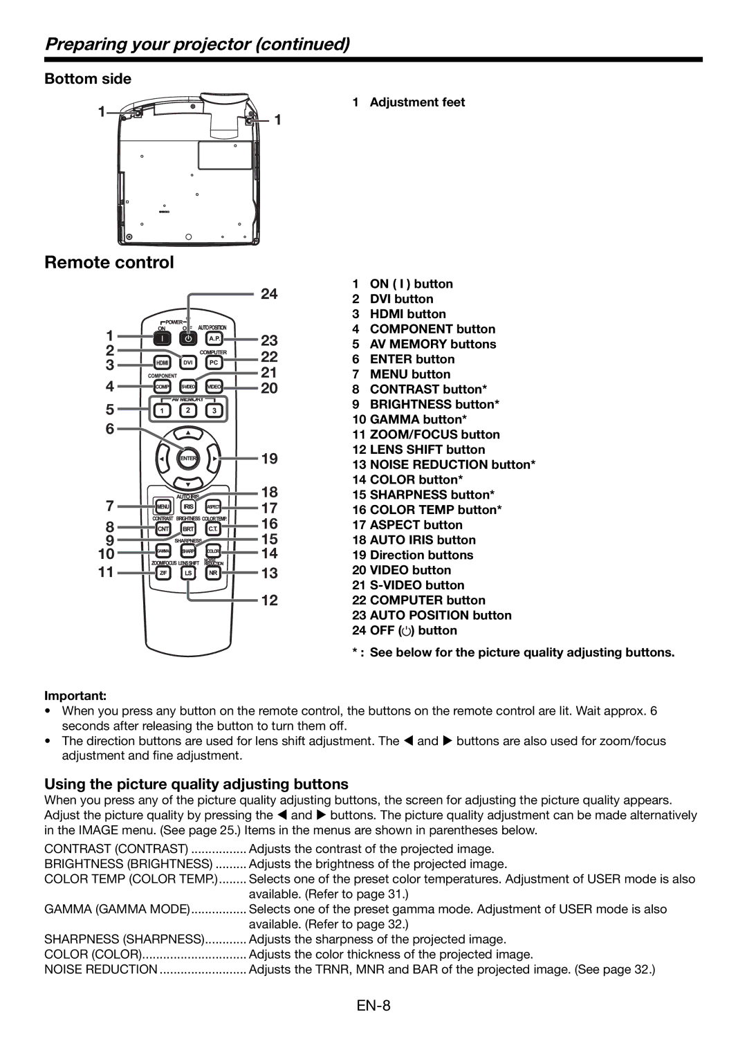 Mitsubishi Electronics HC4900 Remote control, Bottom side, Using the picture quality adjusting buttons, Adjustment feet 