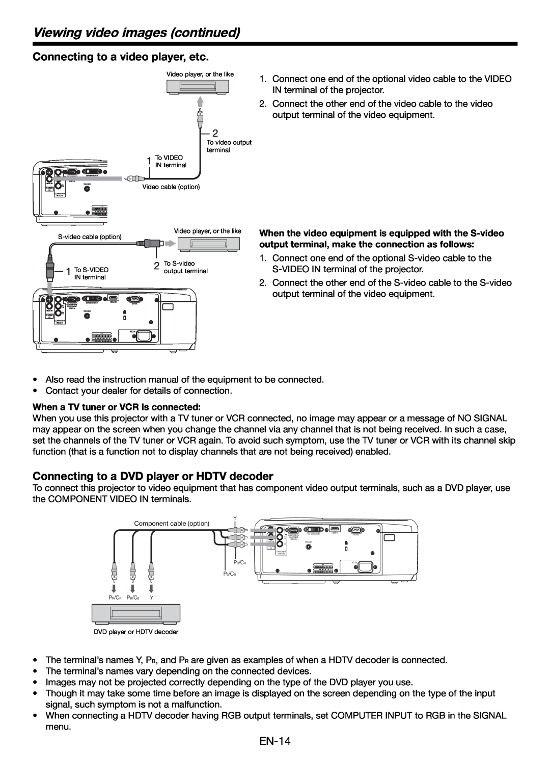 Mitsubishi Electronics HC4900 user manual Viewing video images continued, Connecting to a video player, etc 
