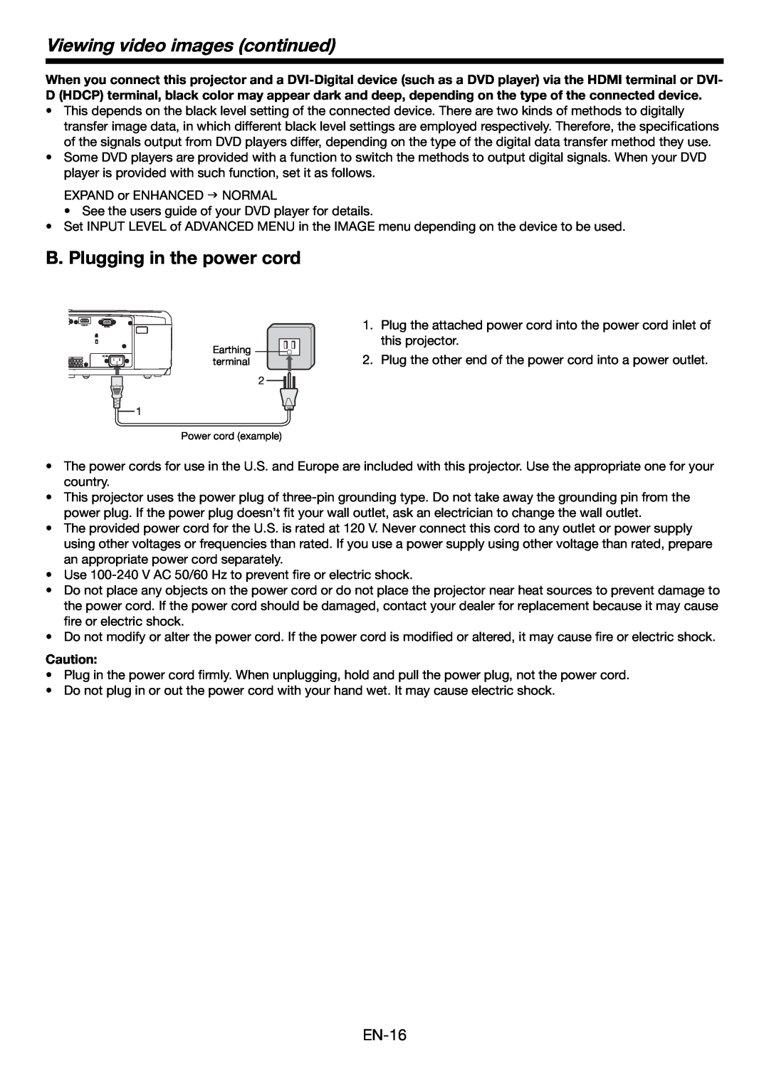 Mitsubishi Electronics HC4900 user manual B. Plugging in the power cord, Viewing video images continued, EN-16 