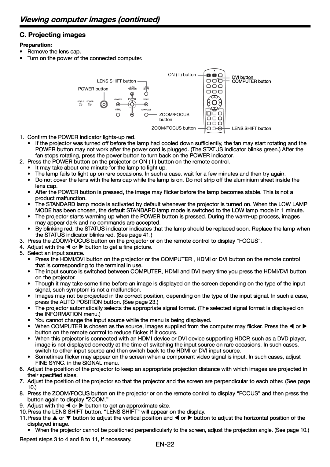Mitsubishi Electronics HC4900 user manual Viewing computer images continued, C. Projecting images, Preparation 
