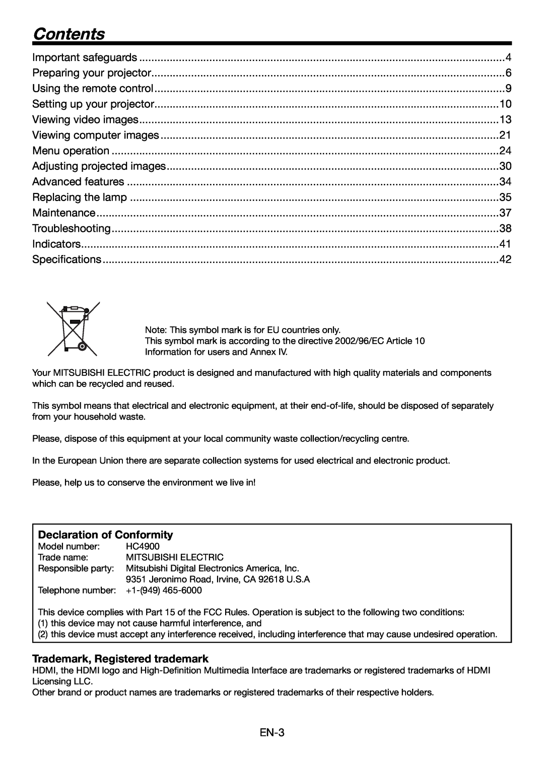 Mitsubishi Electronics HC4900 user manual Contents, Declaration of Conformity, Trademark, Registered trademark 