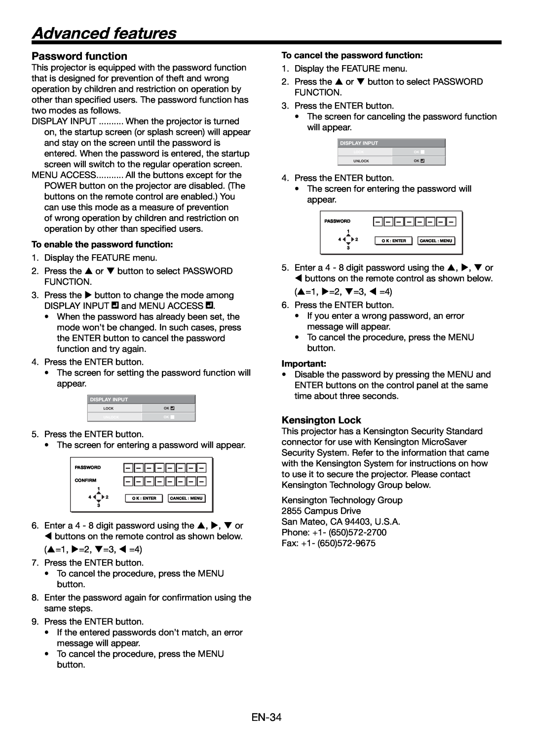 Mitsubishi Electronics HC4900 Advanced features, Password function, Kensington Lock, To enable the password function 