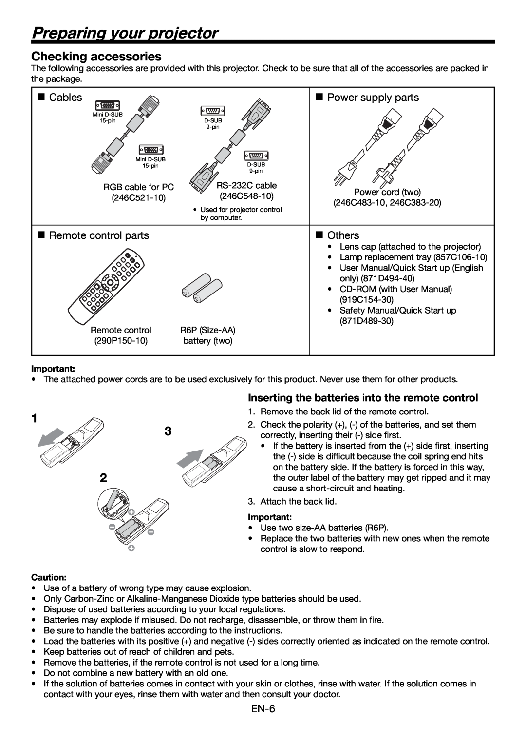 Mitsubishi Electronics HC4900 user manual Preparing your projector, Checking accessories, „ Cables, „ Others 