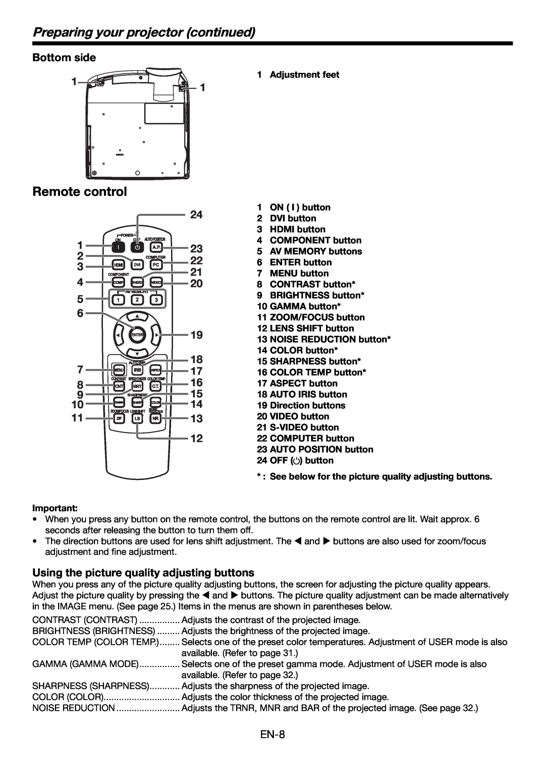 Mitsubishi Electronics HC4900 Remote control, Bottom side, Using the picture quality adjusting buttons, Adjustment feet 