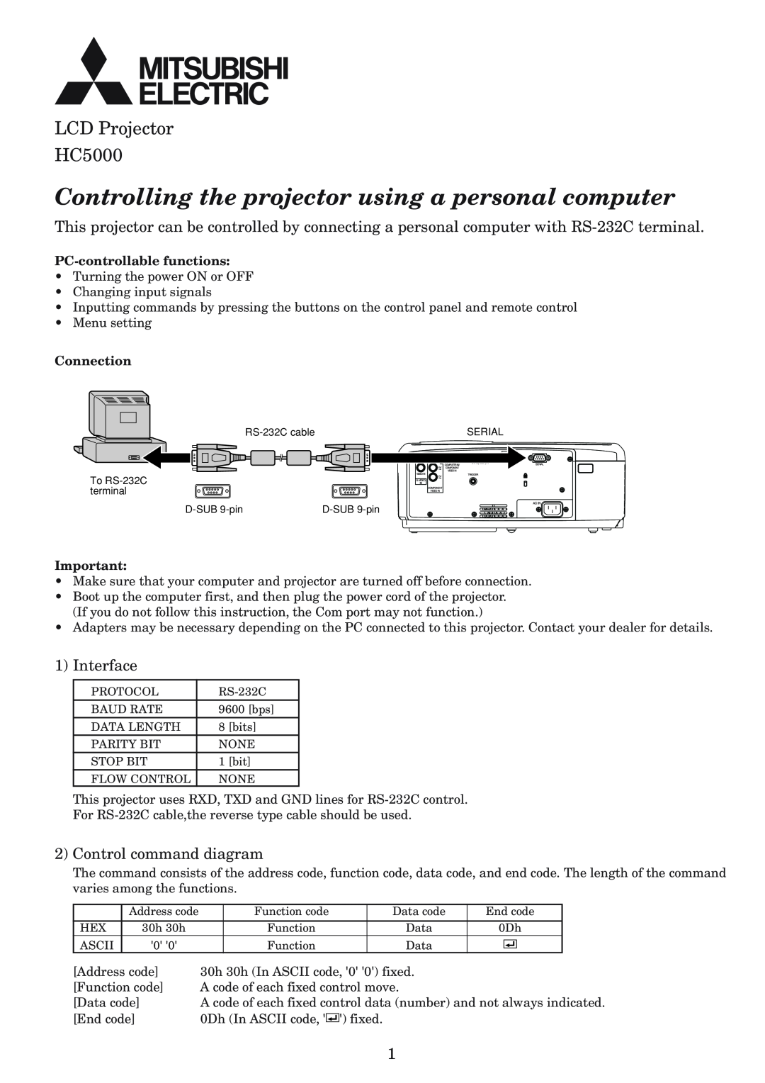 Mitsubishi Electronics HC5000 manual Interface, Control command diagram, PC-controllable functions, Connection 