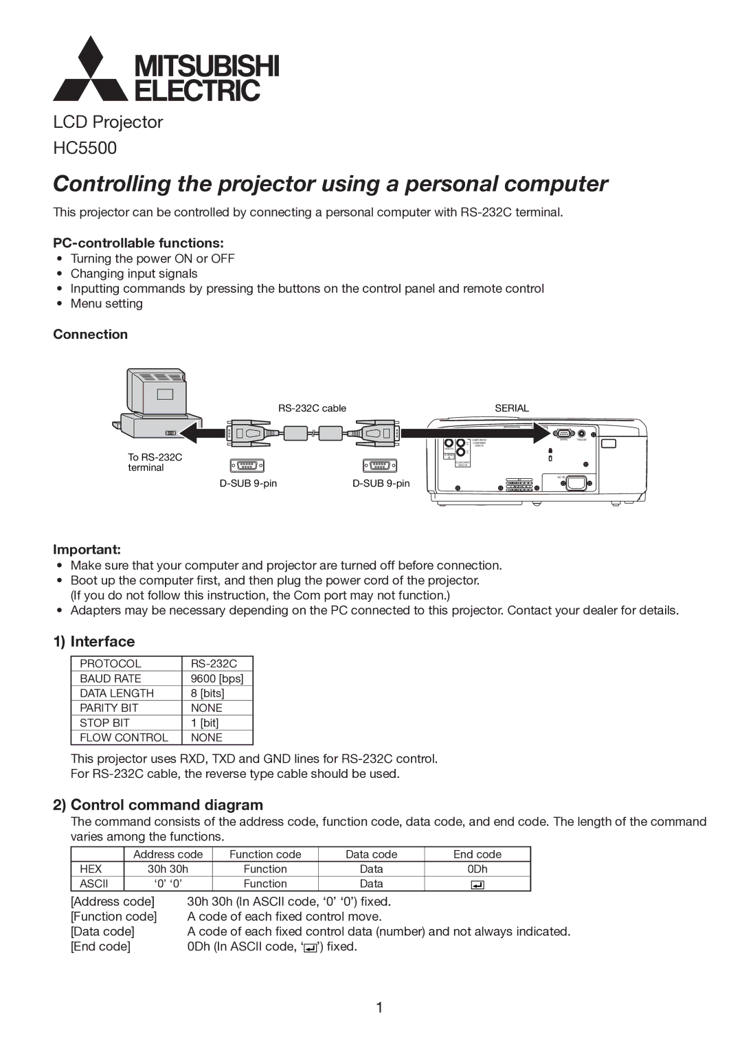 Mitsubishi Electronics HC5500 manual Interface, Control command diagram, PC-controllable functions, Connection 