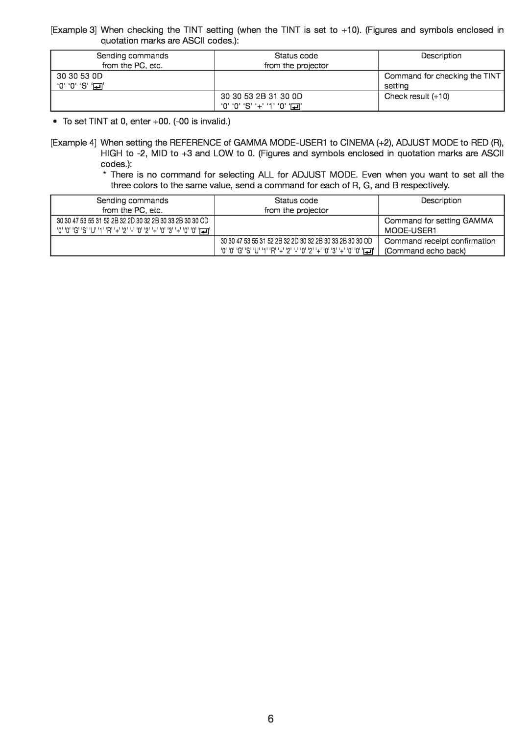 Mitsubishi Electronics HC5500 manual To set TINT at 0, enter +00. -00 is invalid 