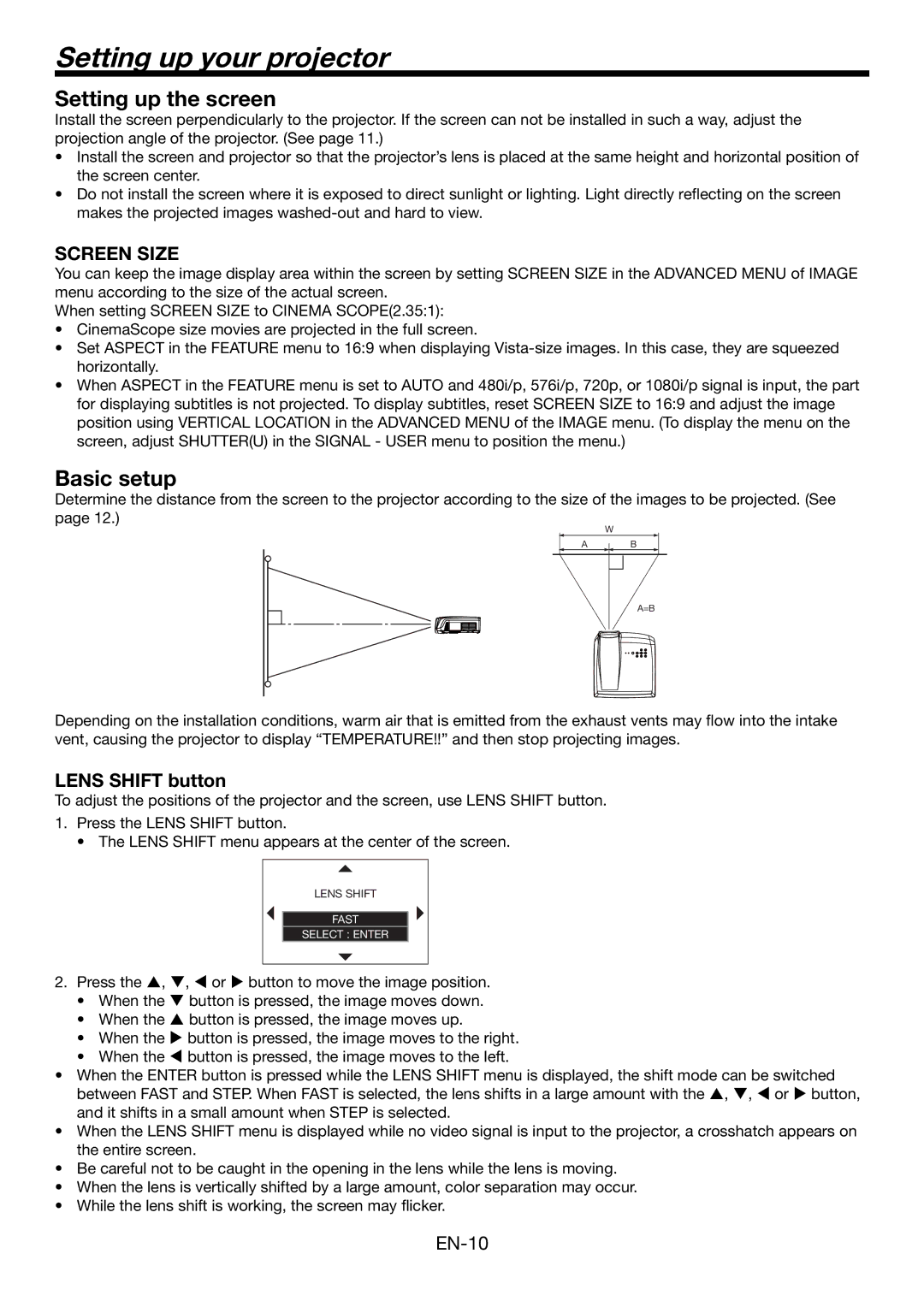 Mitsubishi Electronics HC6000 user manual Setting up your projector, Setting up the screen, Basic setup, Lens Shift button 