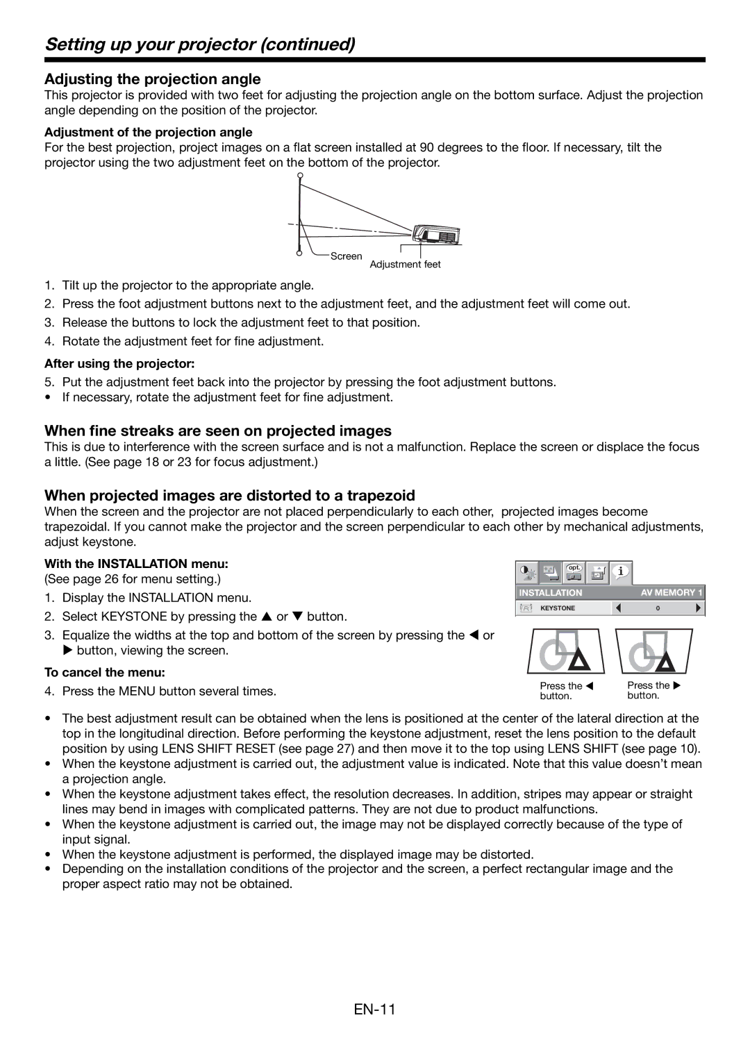 Mitsubishi Electronics HC6000 user manual Setting up your projector, Adjusting the projection angle 