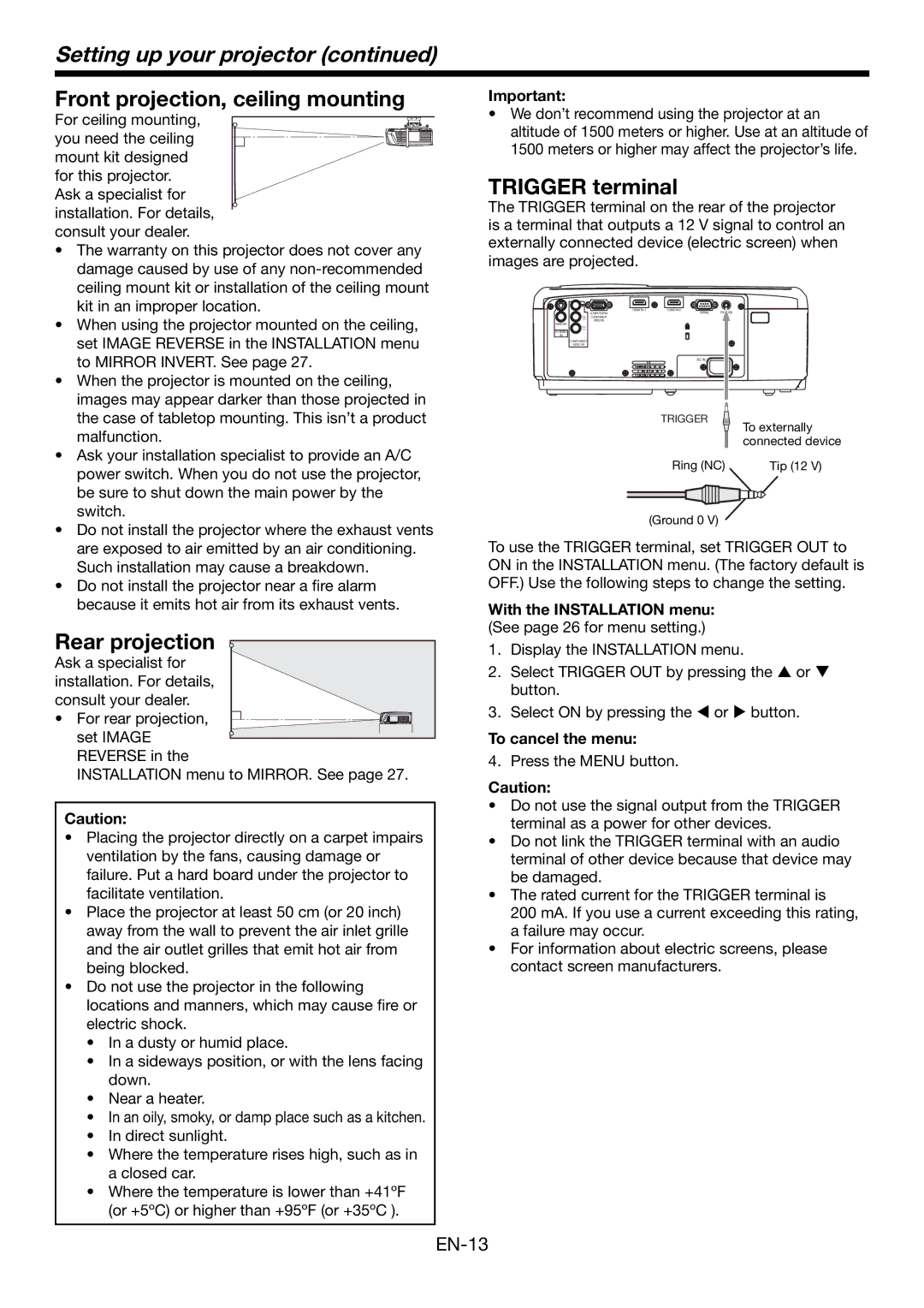 Mitsubishi Electronics HC6000 user manual Front projection, ceiling mounting, Rear projection, Trigger terminal 