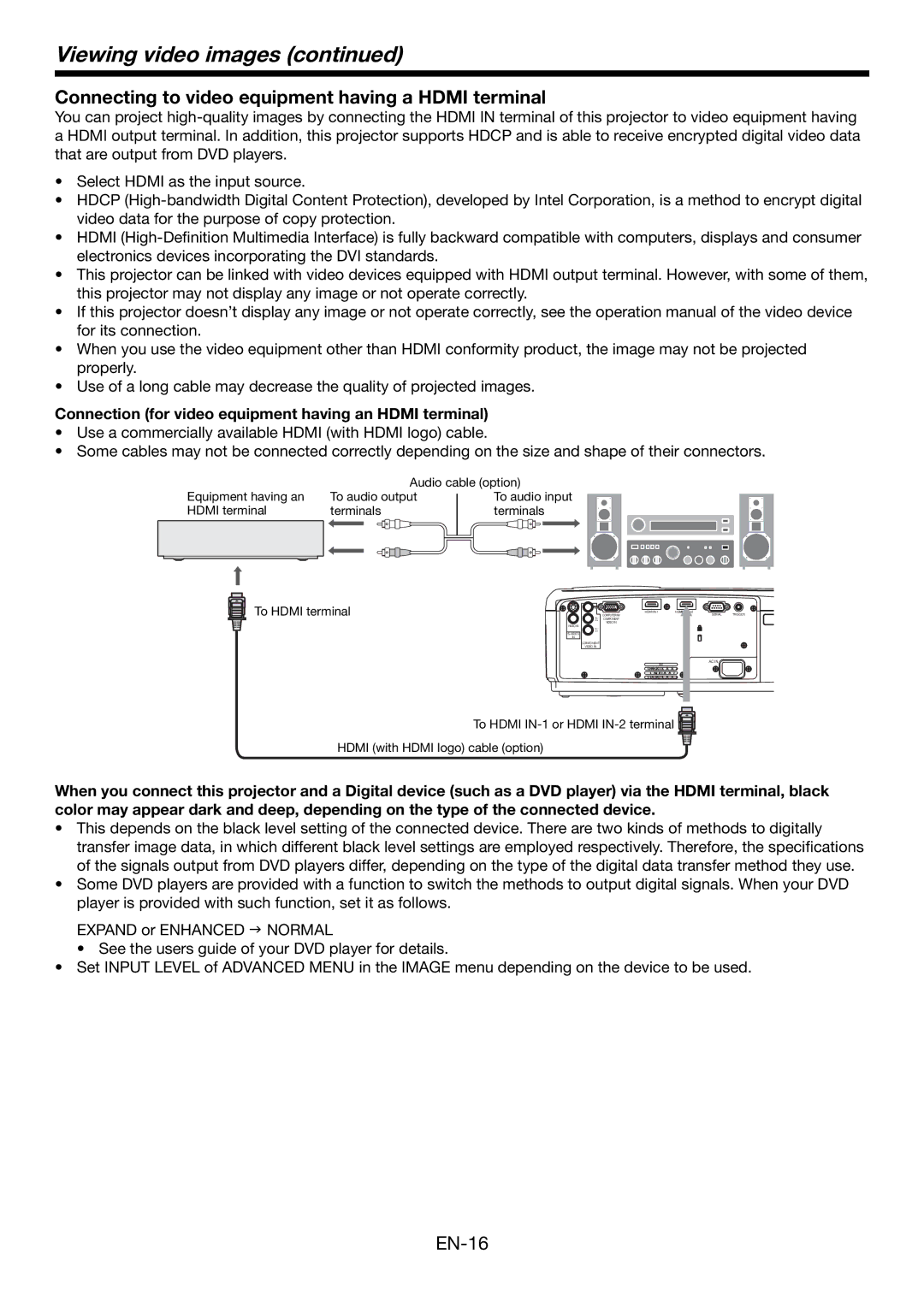 Mitsubishi Electronics HC6000 user manual Connecting to video equipment having a Hdmi terminal 