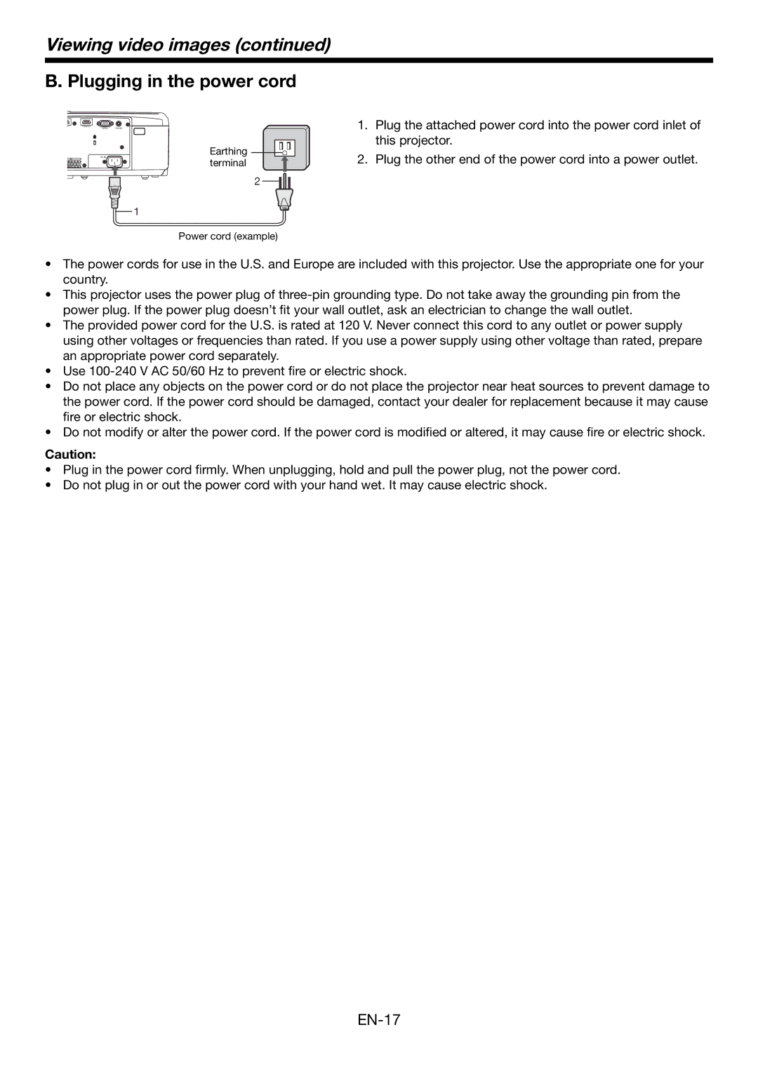 Mitsubishi Electronics HC6000 user manual Plugging in the power cord 