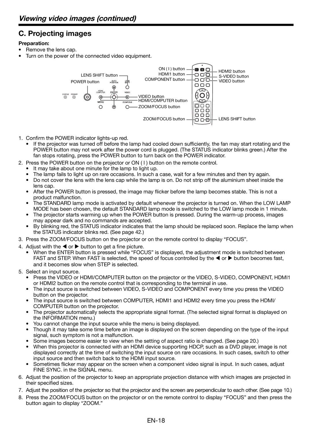 Mitsubishi Electronics HC6000 user manual Projecting images, Preparation 