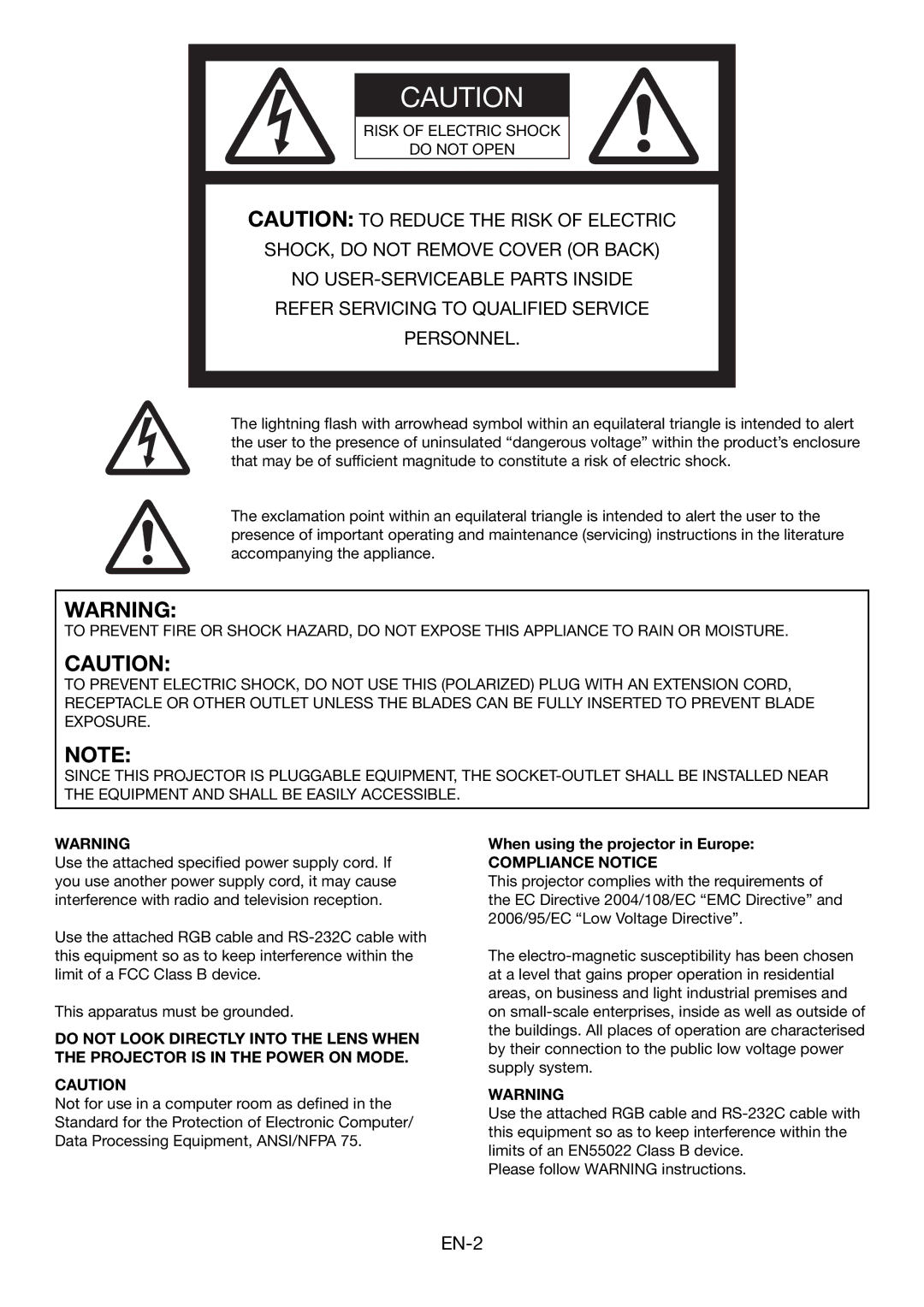 Mitsubishi Electronics HC6000 user manual Risk of Electric Shock Do not Open, When using the projector in Europe 