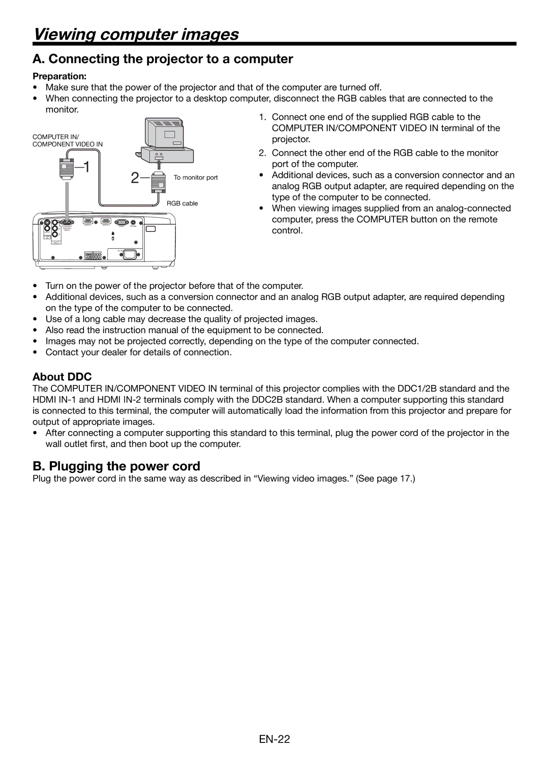 Mitsubishi Electronics HC6000 Viewing computer images, Connecting the projector to a computer, Plugging the power cord 