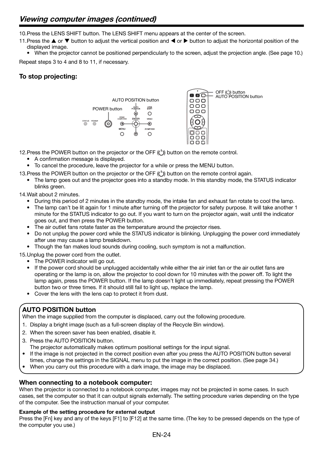 Mitsubishi Electronics HC6000 user manual Auto Position button, When connecting to a notebook computer 