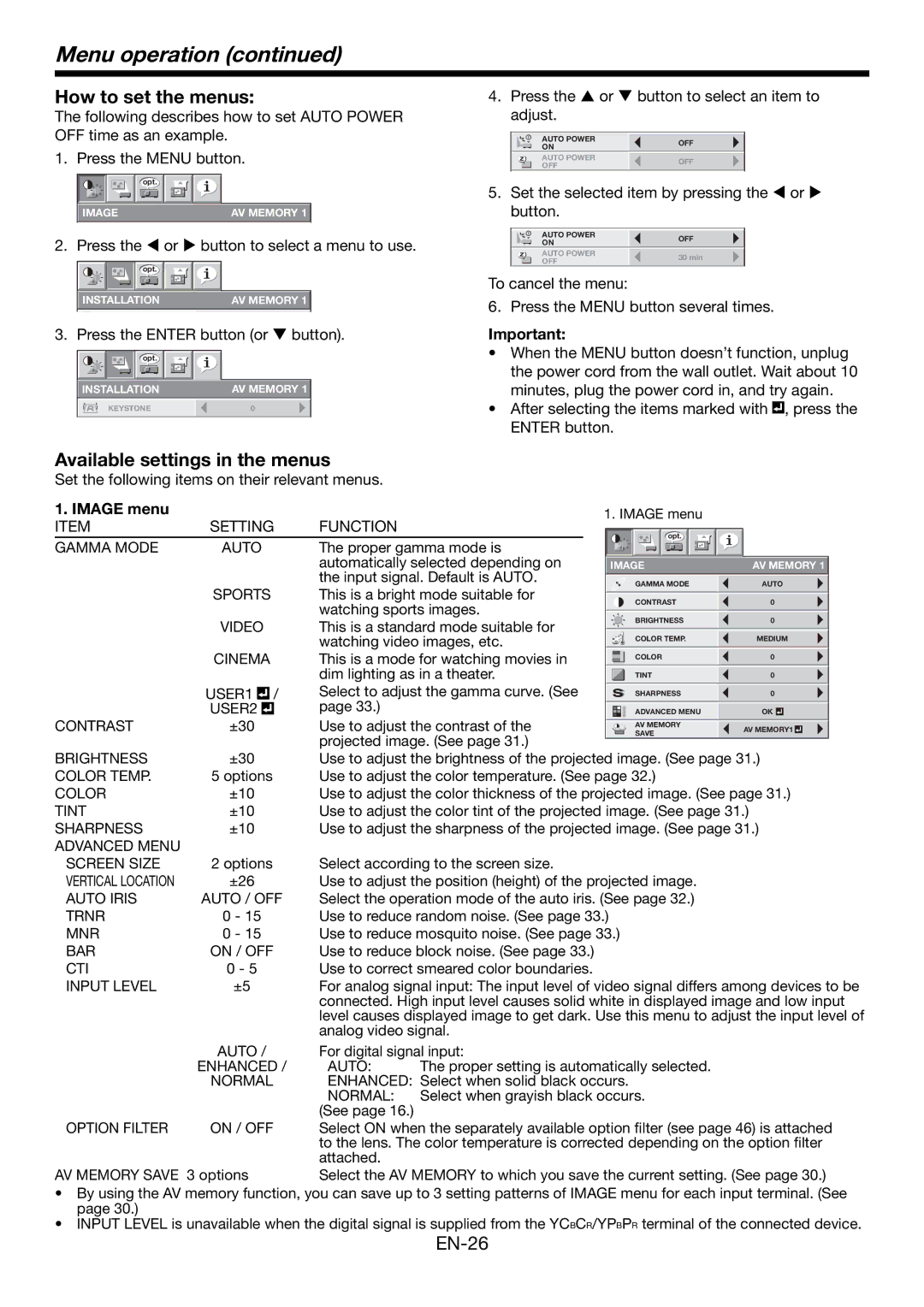 Mitsubishi Electronics HC6000 user manual Menu operation, How to set the menus, Available settings in the menus, Image menu 