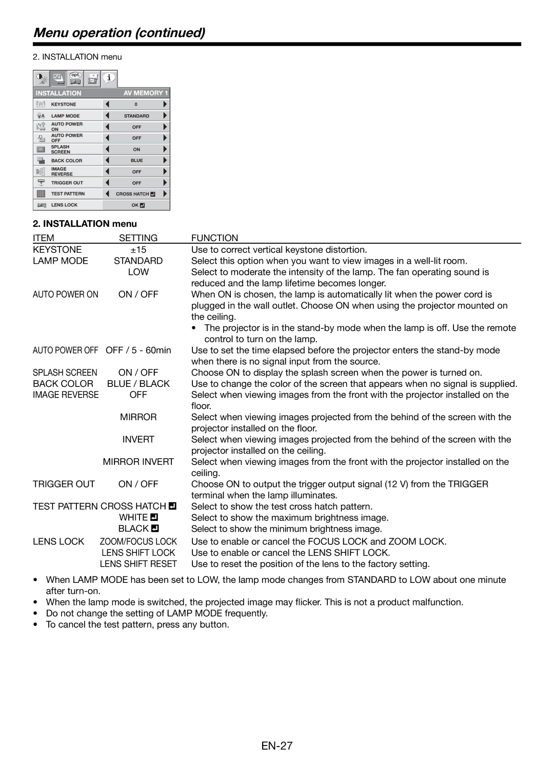 Mitsubishi Electronics HC6000 user manual Installation menu 