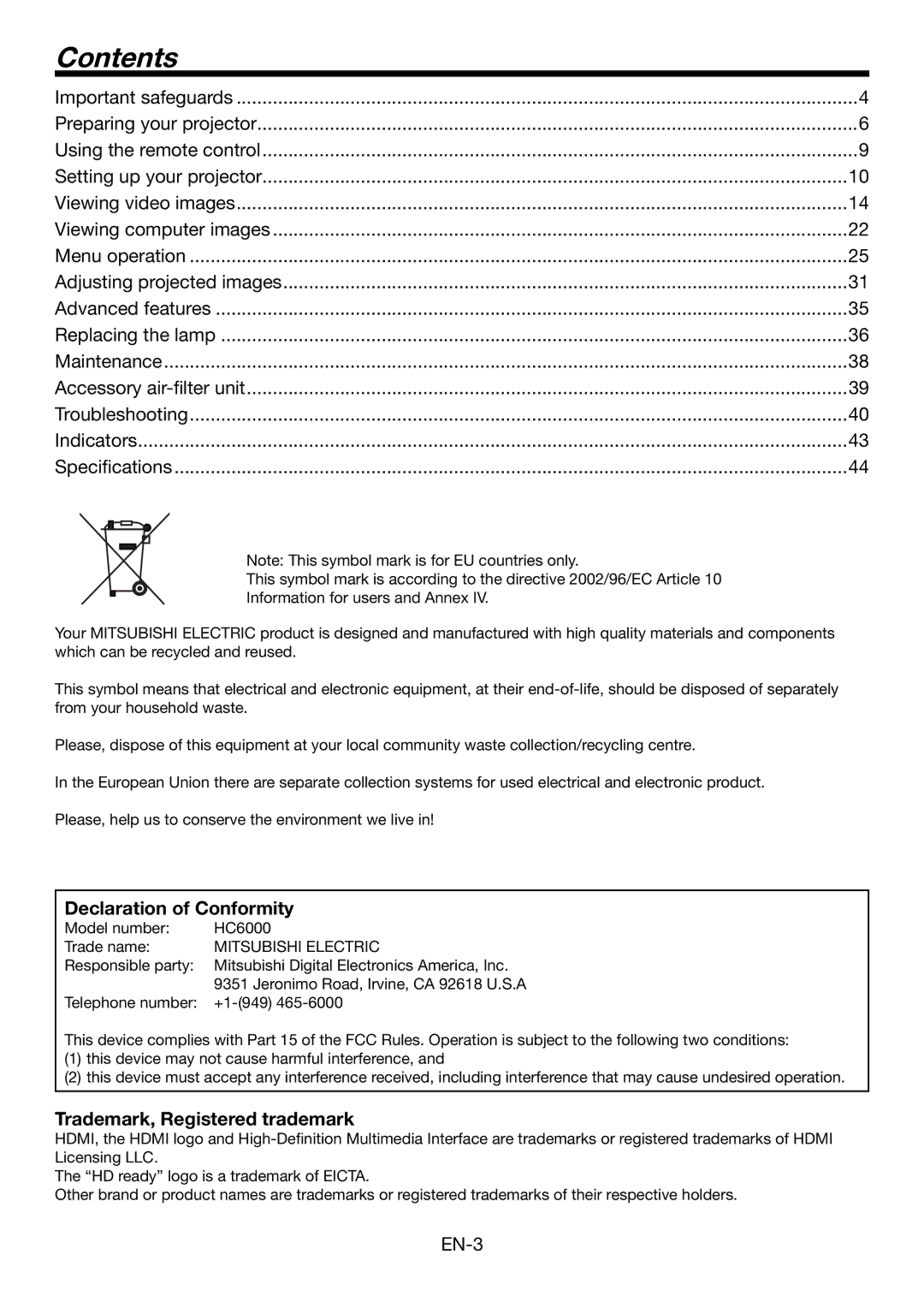 Mitsubishi Electronics HC6000 user manual Contents 