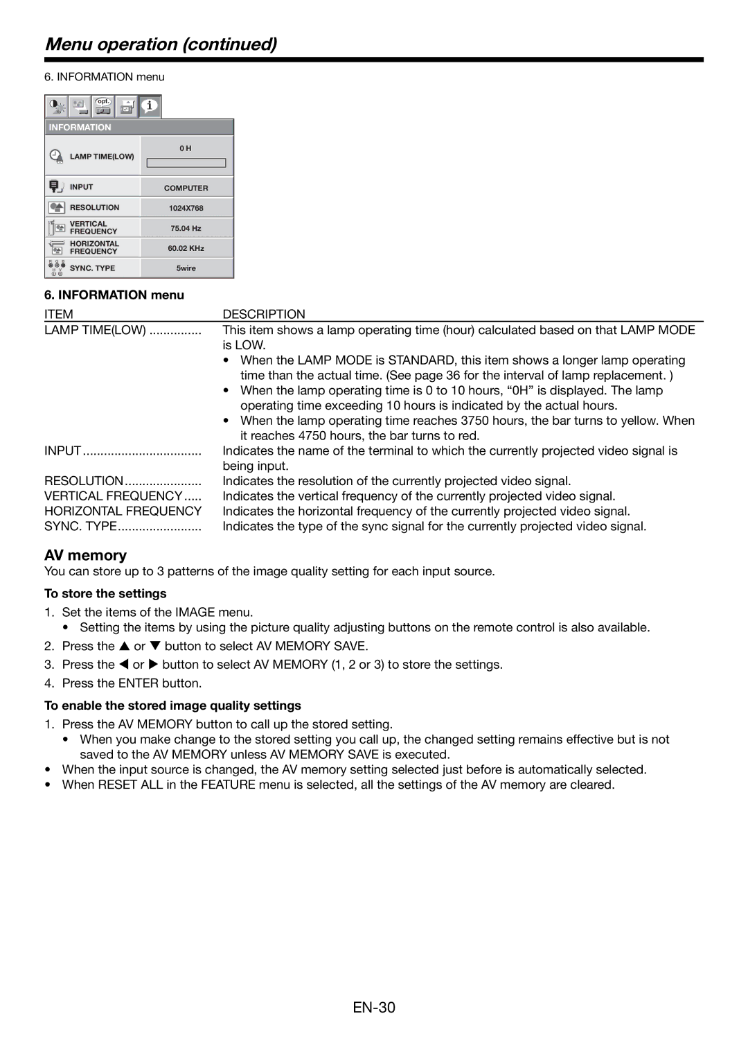 Mitsubishi Electronics HC6000 user manual AV memory, Information menu, To store the settings 