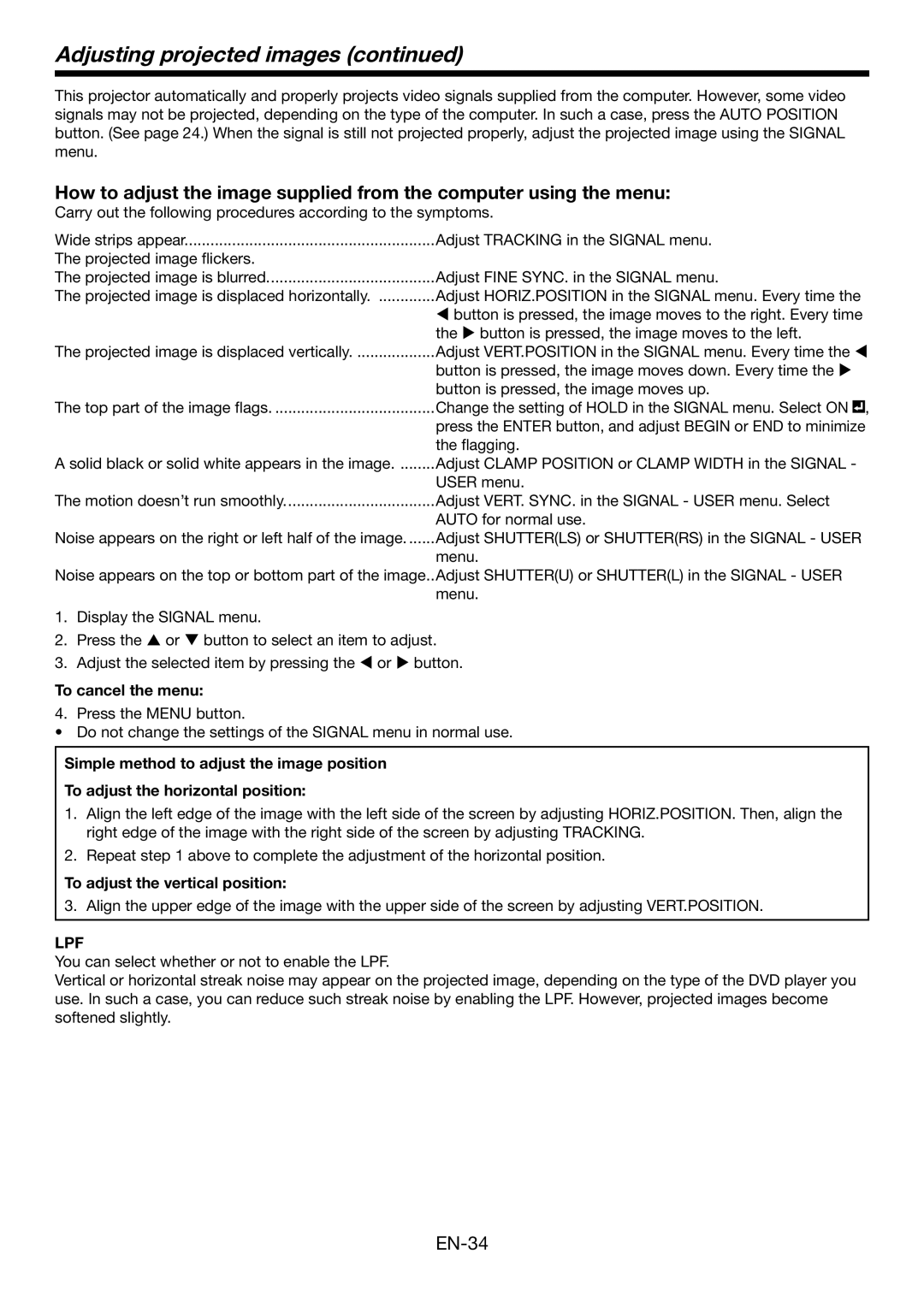 Mitsubishi Electronics HC6000 user manual To adjust the vertical position, Lpf 