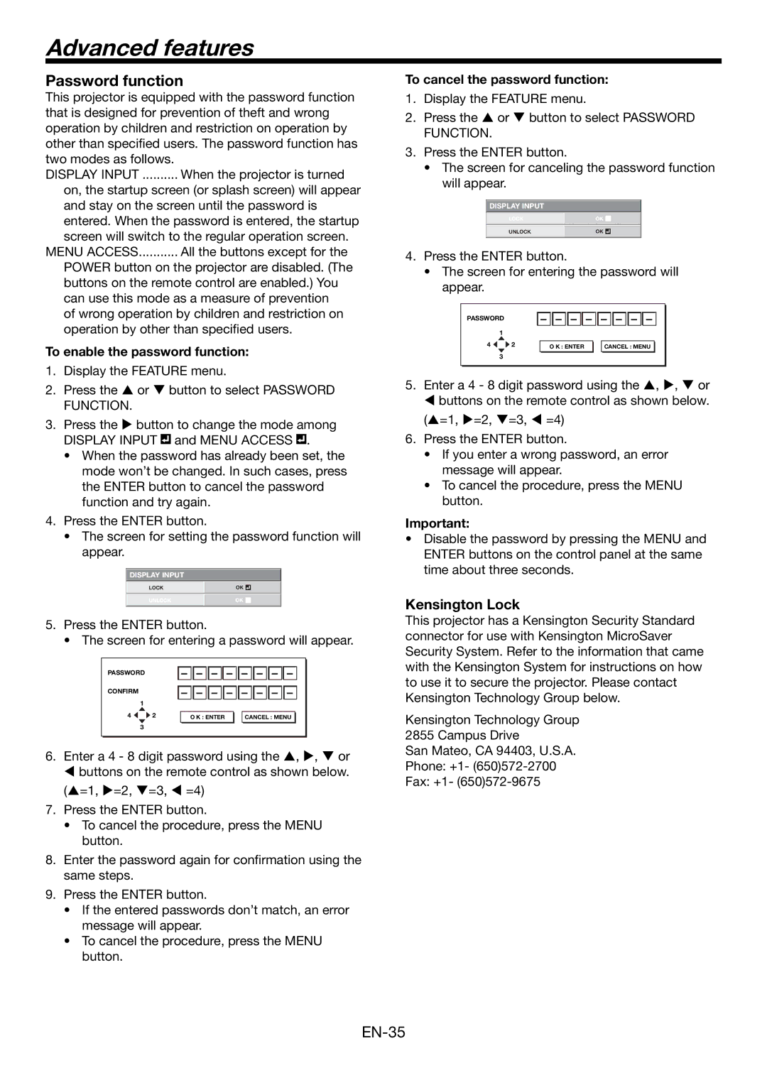 Mitsubishi Electronics HC6000 user manual Advanced features, Password function, To enable the password function 