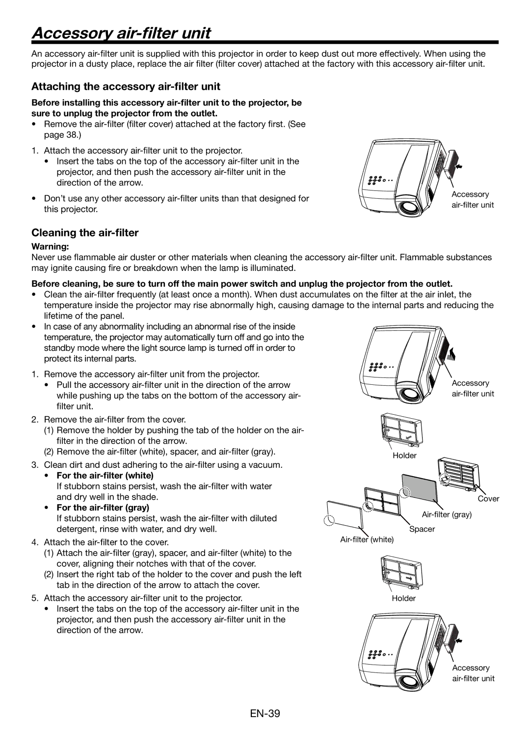 Mitsubishi Electronics HC6000 Accessory air-ﬁlter unit, Attaching the accessory air-ﬁlter unit, Cleaning the air-ﬁlter 