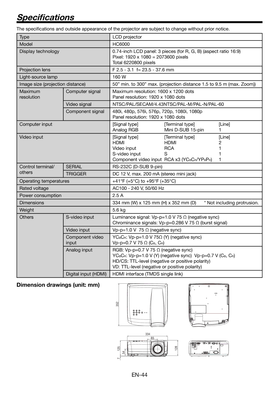 Mitsubishi Electronics HC6000 user manual Speciﬁcations, Dimension drawings unit mm 