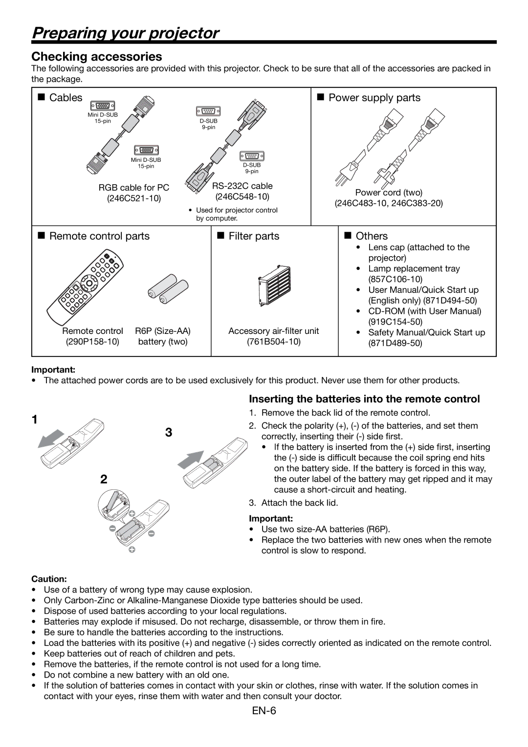 Mitsubishi Electronics HC6000 user manual Preparing your projector, Checking accessories 