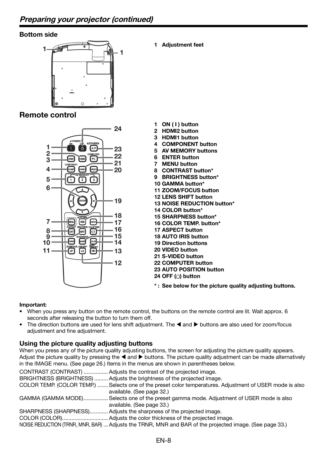 Mitsubishi Electronics HC6000 Remote control, Bottom side, Using the picture quality adjusting buttons, Adjustment feet 