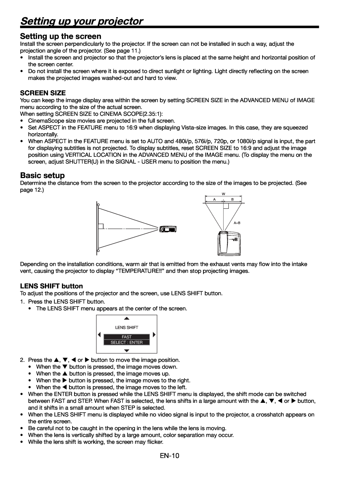 Mitsubishi Electronics HC6000 user manual Setting up your projector, Setting up the screen, Basic setup, Screen Size 