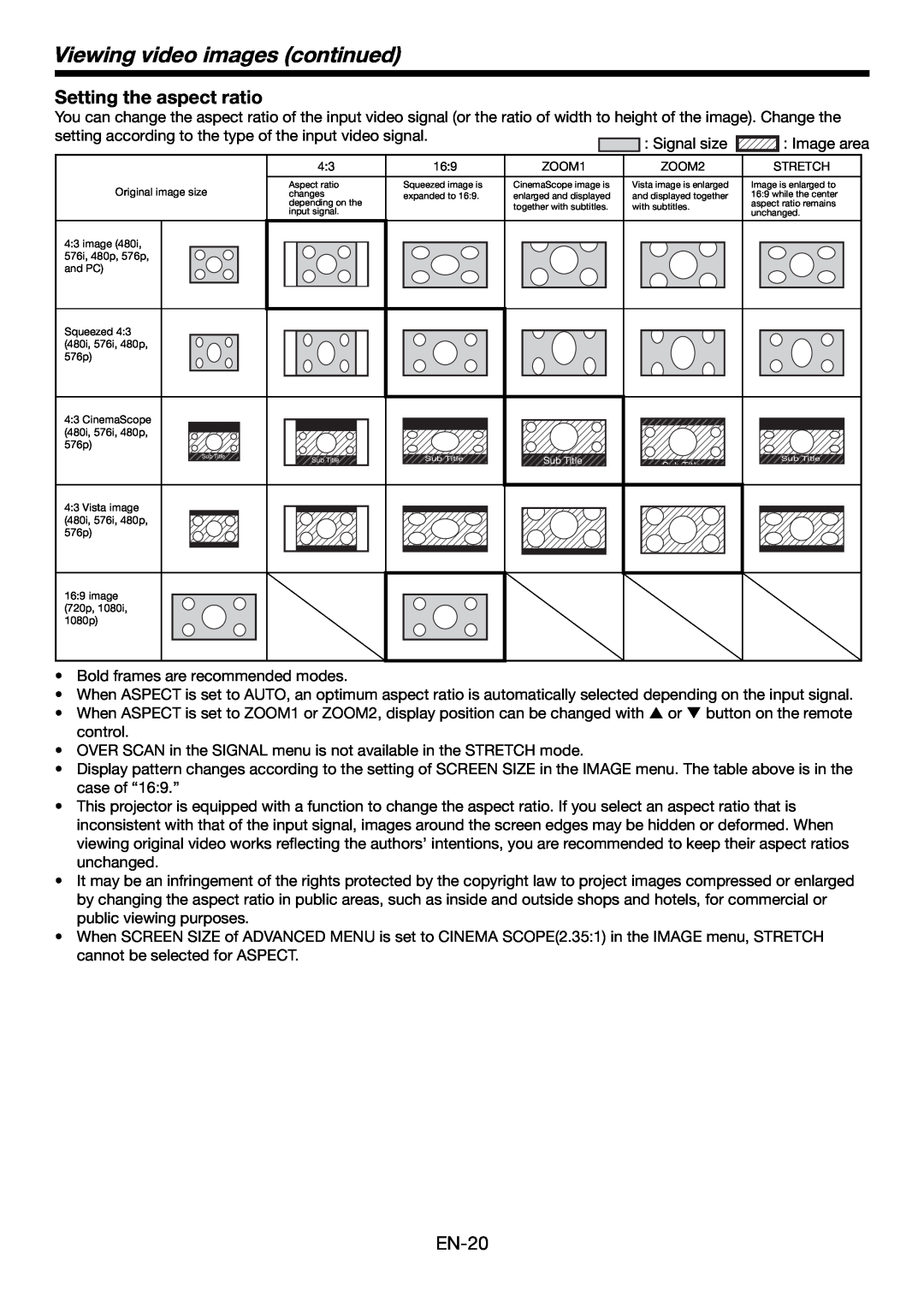 Mitsubishi Electronics HC6000 user manual Setting the aspect ratio, Viewing video images continued, EN-20 