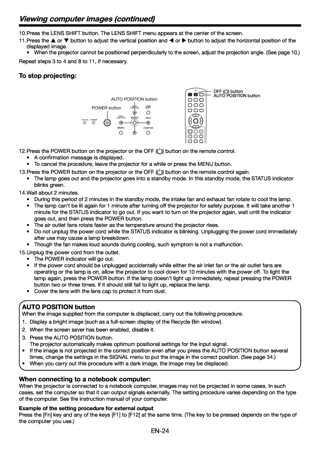 Mitsubishi Electronics HC6000 user manual AUTO POSITION button, When connecting to a notebook computer, To stop projecting 