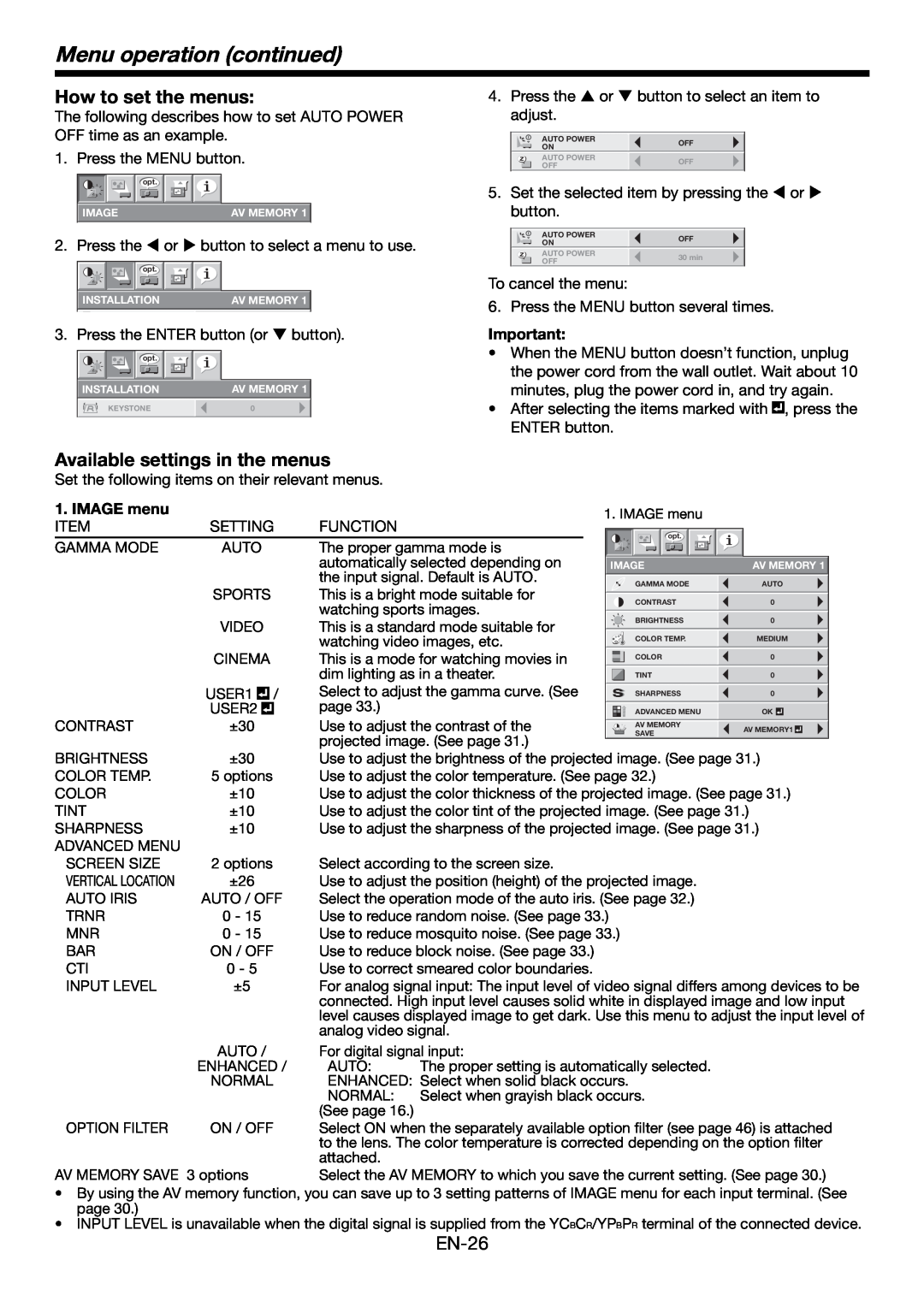 Mitsubishi Electronics HC6000 Menu operation continued, How to set the menus, Available settings in the menus, IMAGE menu 