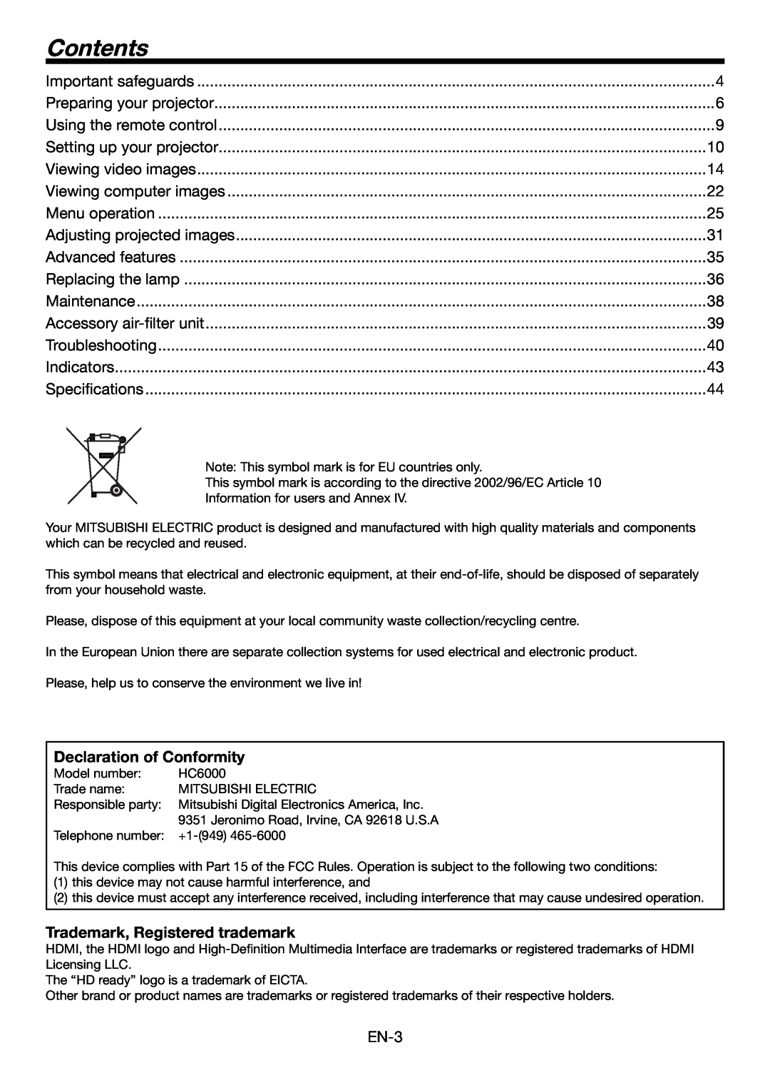 Mitsubishi Electronics HC6000 user manual Contents, Declaration of Conformity, Trademark, Registered trademark 