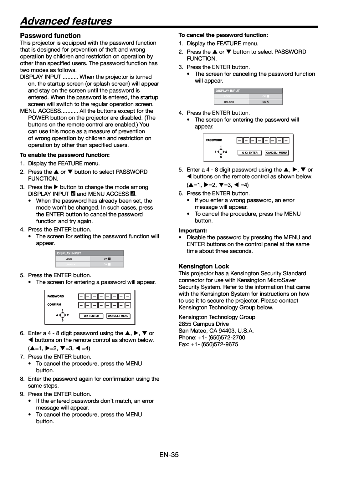Mitsubishi Electronics HC6000 Advanced features, Password function, Kensington Lock, To enable the password function 