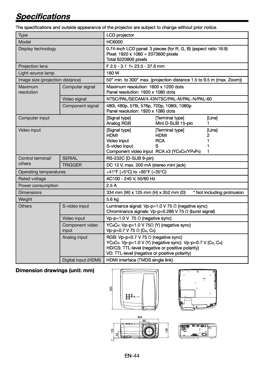 Mitsubishi Electronics HC6000 user manual Speciﬁcations, Dimension drawings unit mm 