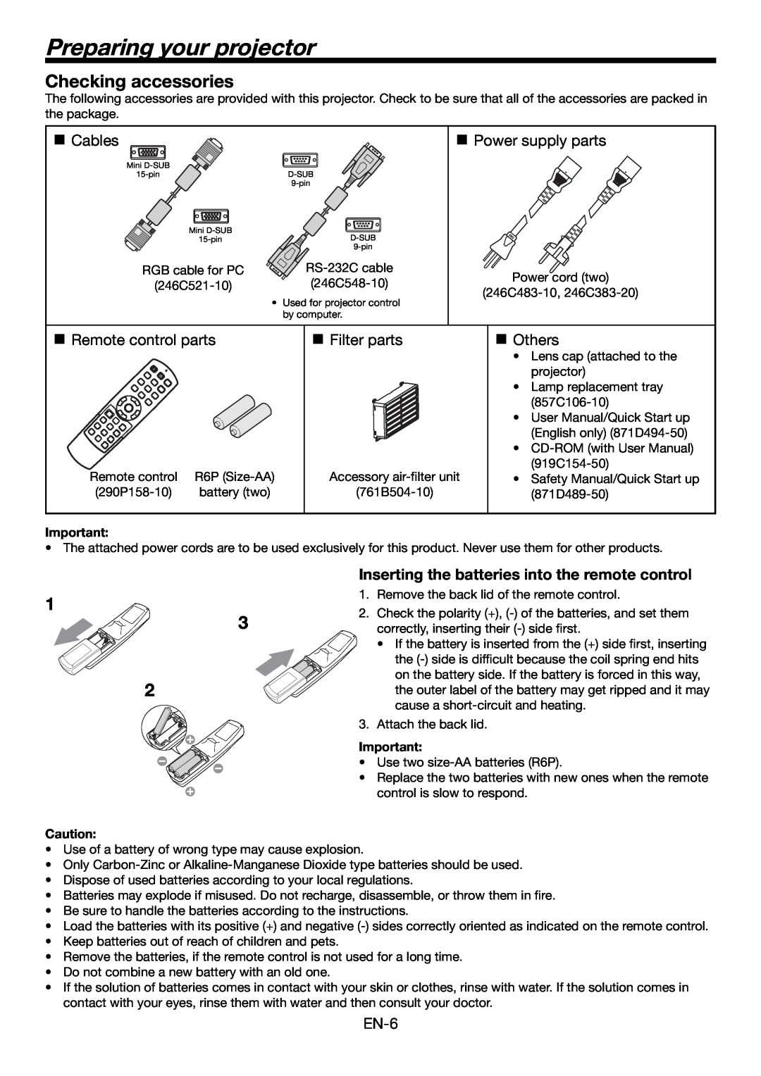 Mitsubishi Electronics HC6000 user manual Preparing your projector, Checking accessories 