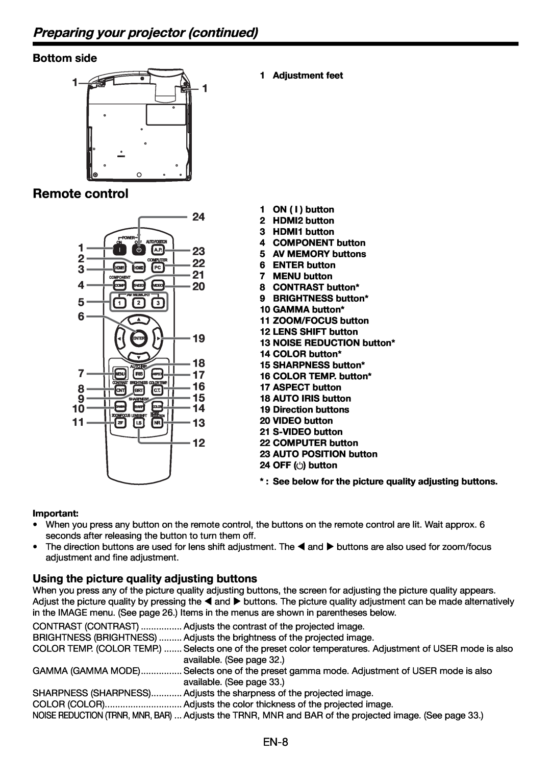 Mitsubishi Electronics HC6000 Remote control, Bottom side, Using the picture quality adjusting buttons, Adjustment feet 