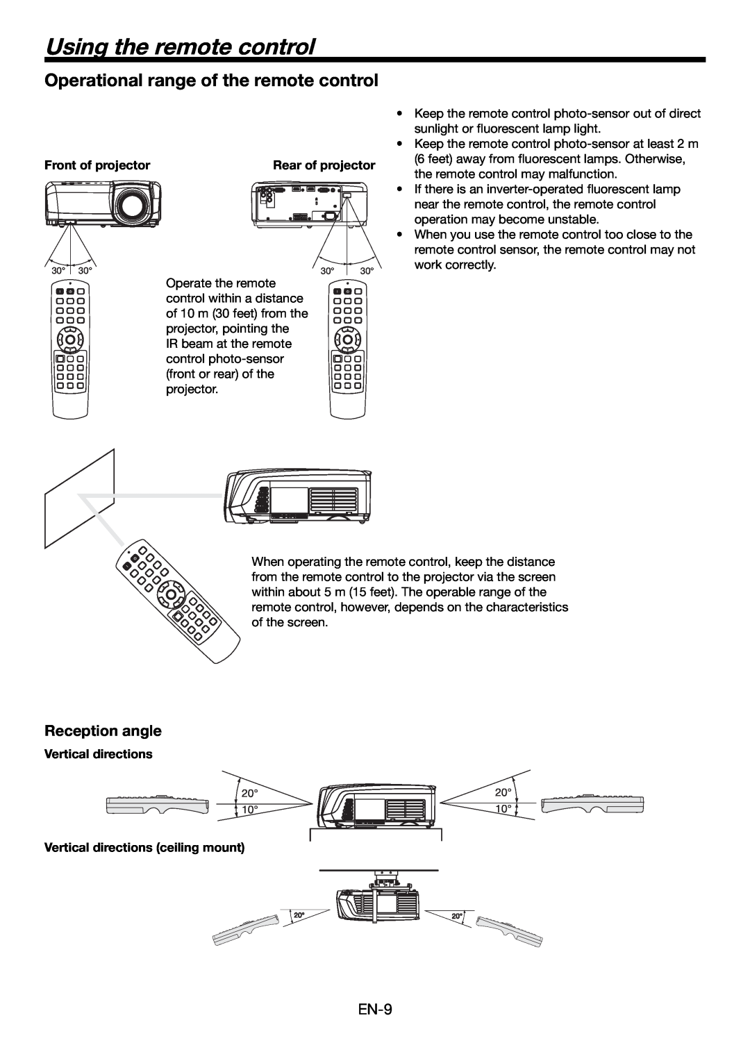 Mitsubishi Electronics HC6000 Using the remote control, Operational range of the remote control, Reception angle 