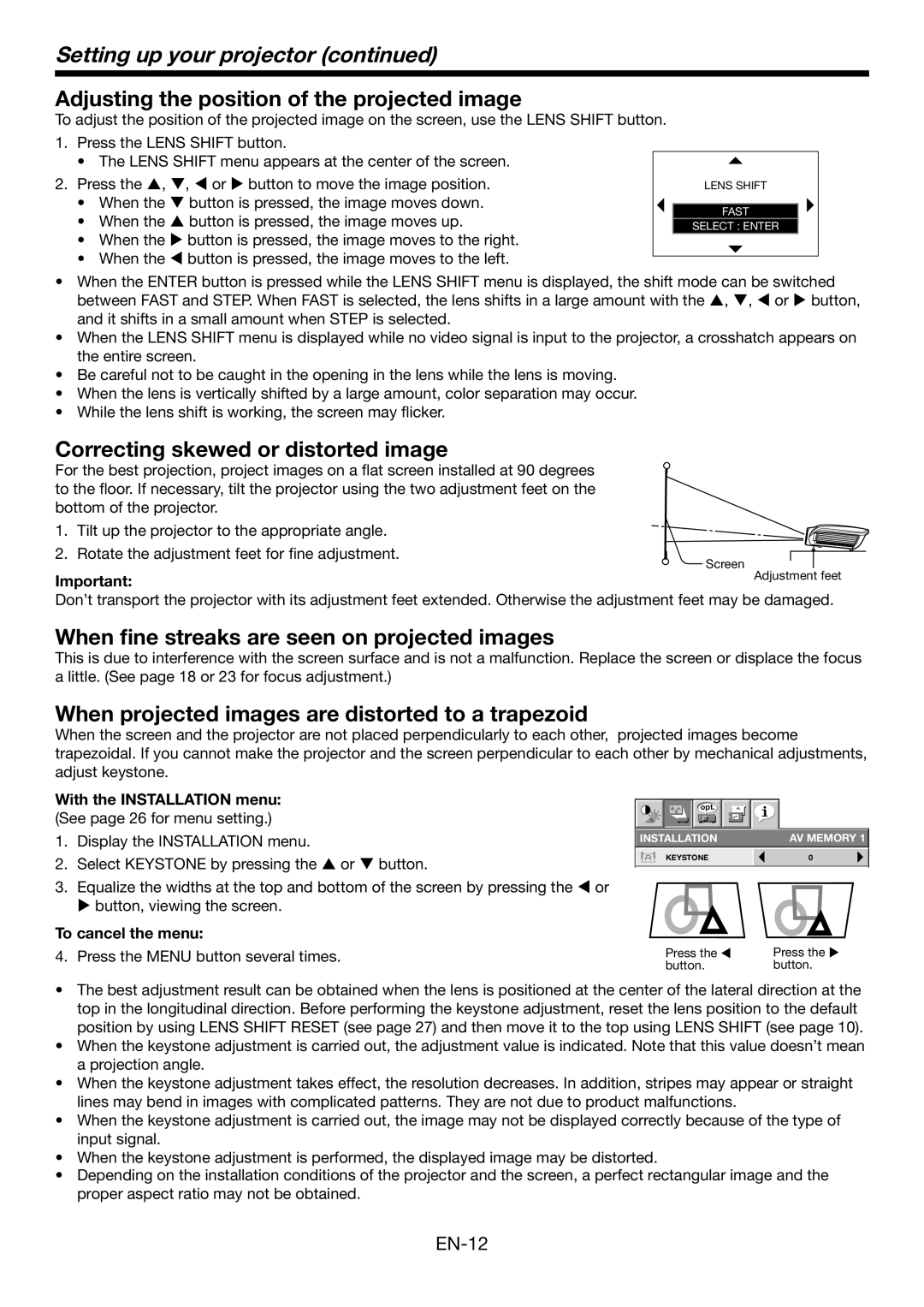 Mitsubishi Electronics HC6800 Adjusting the position of the projected image, Correcting skewed or distorted image 