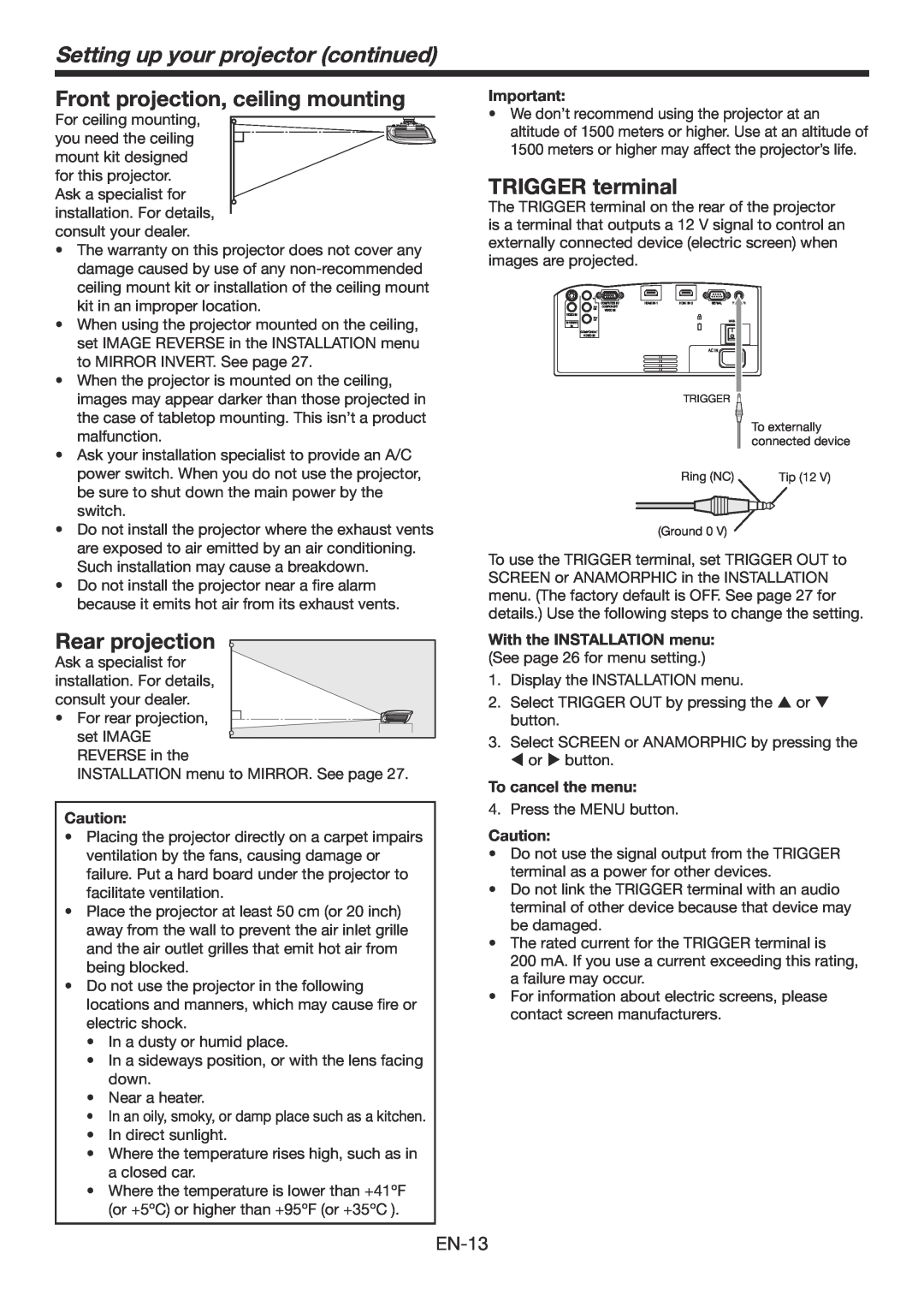 Mitsubishi Electronics HC6800 Front projection, ceiling mounting, TRIGGER terminal, Rear projection, To cancel the menu 