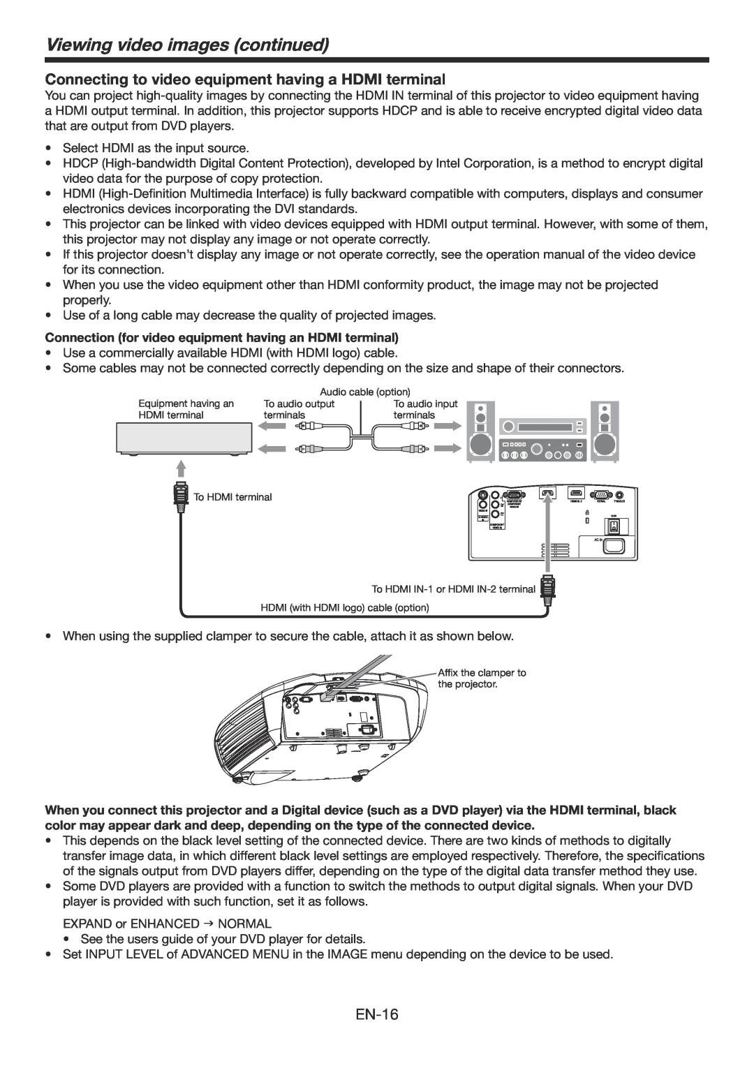 Mitsubishi Electronics HC6800 Connecting to video equipment having a HDMI terminal, Viewing video images continued, EN-16 