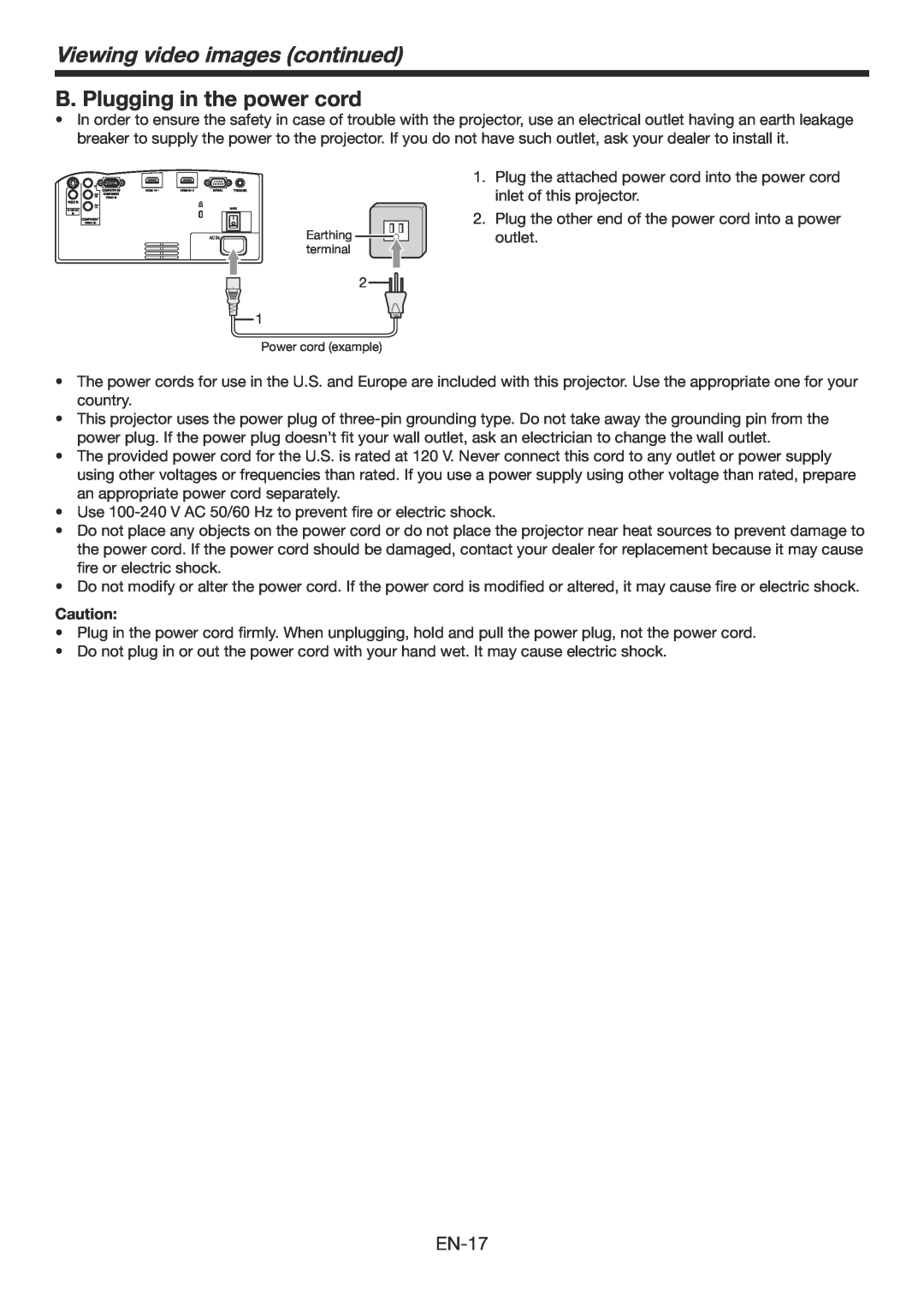 Mitsubishi Electronics HC6800 user manual B. Plugging in the power cord, Viewing video images continued, EN-17 