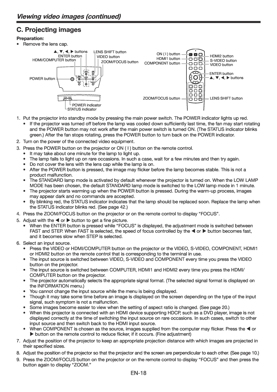 Mitsubishi Electronics HC6800 user manual C. Projecting images, Viewing video images continued, EN-18, Preparation 