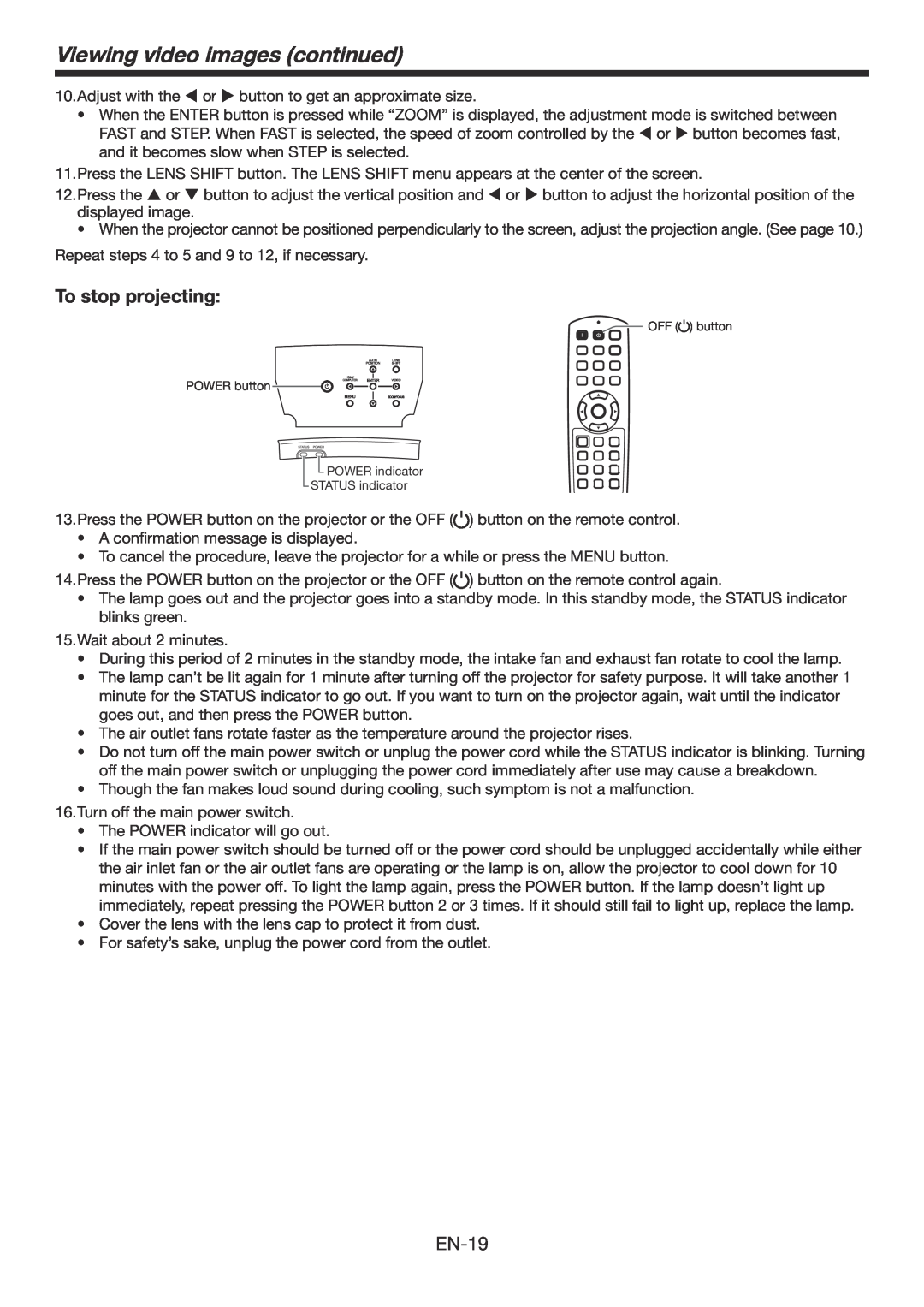 Mitsubishi Electronics HC6800 user manual To stop projecting, Viewing video images continued, EN-19 