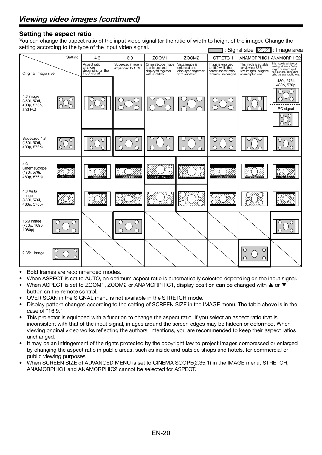 Mitsubishi Electronics HC6800 user manual Setting the aspect ratio, Viewing video images continued, EN-20 
