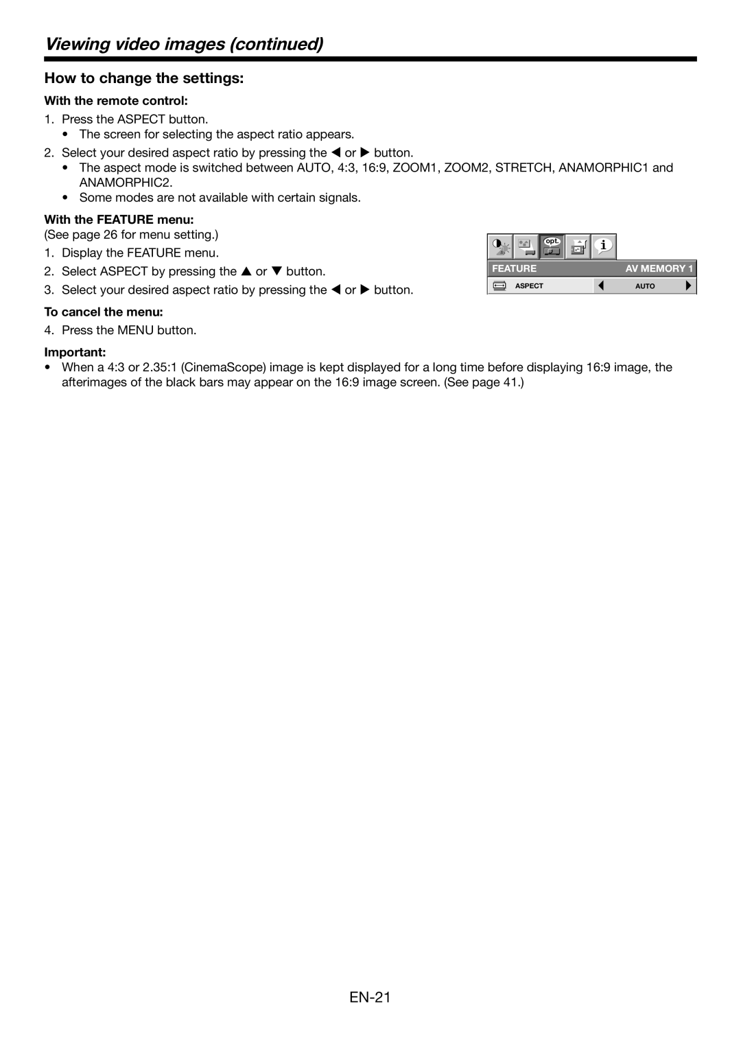 Mitsubishi Electronics HC6800 How to change the settings, Viewing video images continued, With the remote control 